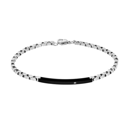 Bracciale Uomo Catena Veneziana Diamantata con Targa laccata Nera e Crystal Bianco in ACCIAIO