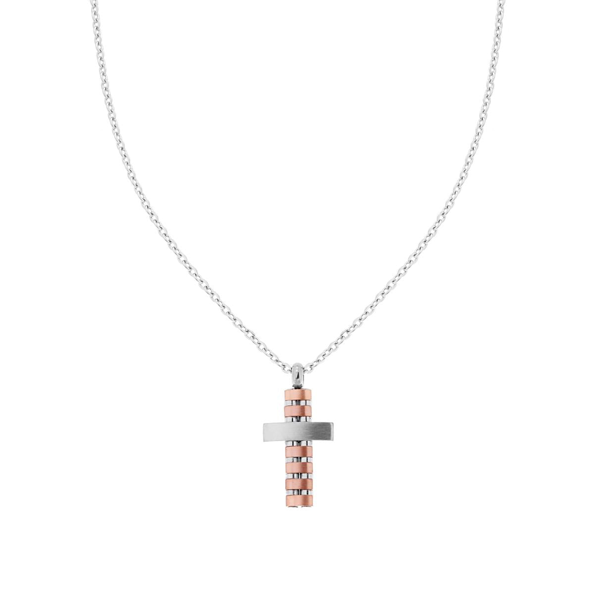 Collana Uomo Catena Forzatina Diamantata con Croce bicolore Rosa e ACCIAIO