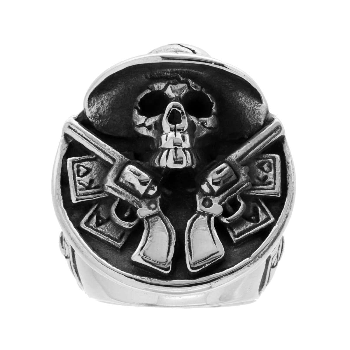 Anello Uomo Maxi Chevalier Western con Tescio con Cappello e Pistole in ACCIAIO Brunito