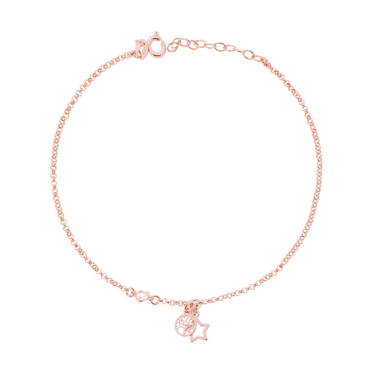 Cavigliera Catena Rolo Diamantata con Albero della Vita Stella e Zircone a Cuore Bianco in ARGENTO 925 Galvanica Rosa