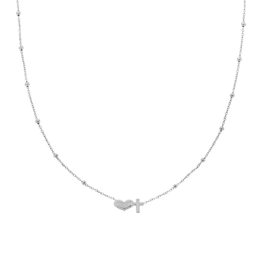 Collana Catena Forzatina diamantata con Palline e Cuore Croce centrale in ARGENTO 925 Galvanica Rodio