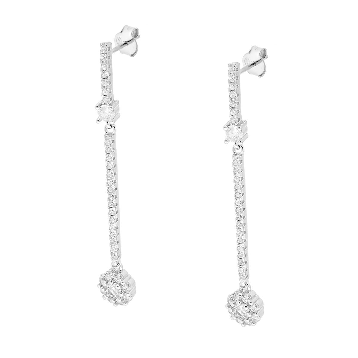 Orecchini Lunghi Fiore e Barrette pendenti con Zirconi Bianchi in ARGENTO 925 Galvanica Rodio