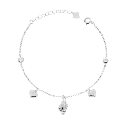 Bracciale Catena Forzatina Diamantata con Conchiglia Cuori pendenti e Zirconi Bianchi in ARGENTO 925 Galvanica Rodio