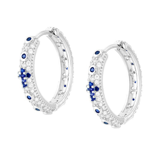 Orecchini Cerchio Rosario Blu Zaffiro con Zirconi Bianchi in ARGENTO 925 Galvanica Rodio