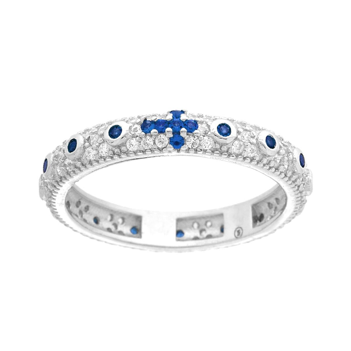 Anello Rosario con Croce Zirconi Blu Zaffiro e Bianco in ARGENTO 925 Galvanica Rodio