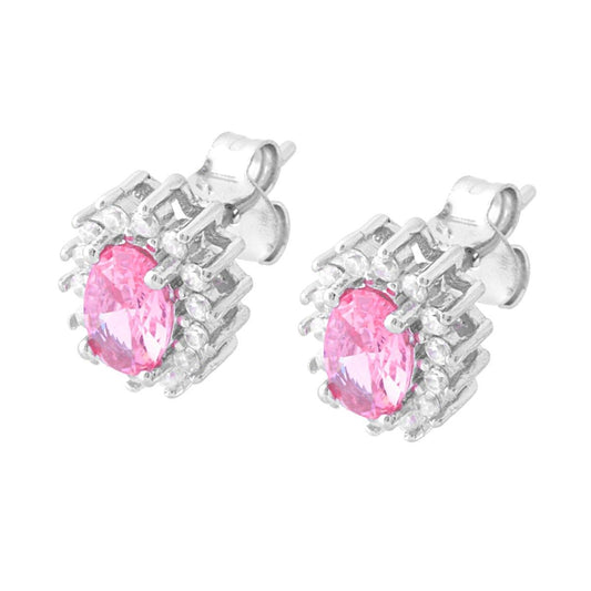 Orecchini con Zircone Ovale Rosa contornato da Zirconi Bianchi in ARGENTO 925 Galvanica Rodio