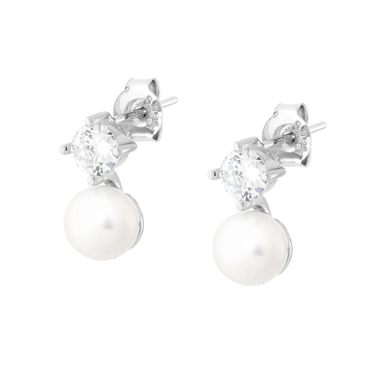 Orecchini Punto Luce Zircone Bianco con Perla mm 6 in ARGENTO 925 Galvanica Rodio