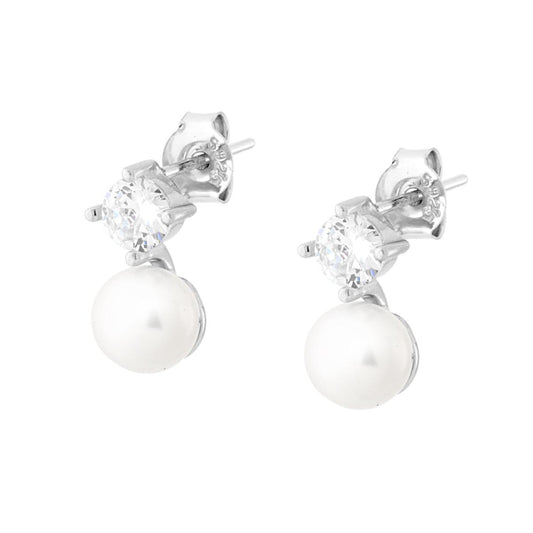 Orecchini Punto Luce Zircone Bianco con Perla mm 6 in ARGENTO 925 Galvanica Rodio