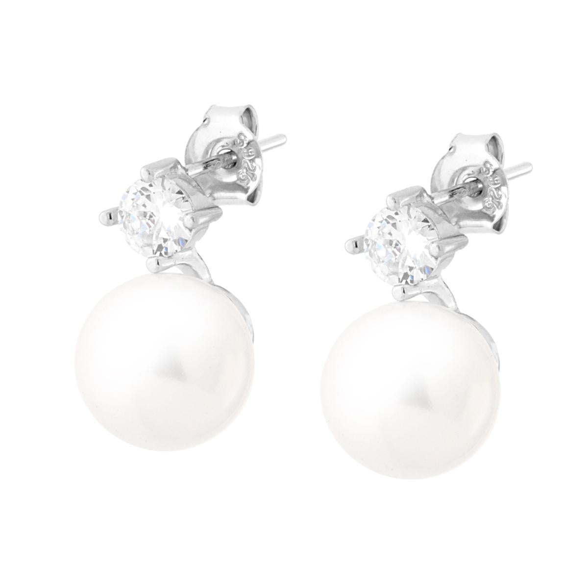 Orecchini Punto Luce Zircone Bianco con Perla mm 10 in ARGENTO 925 Galvanica Rodio
