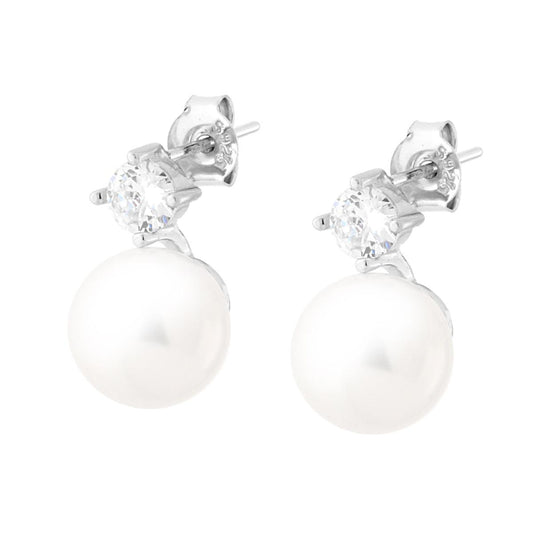 Orecchini Punto Luce Zircone Bianco con Perla mm 10 in ARGENTO 925 Galvanica Rodio