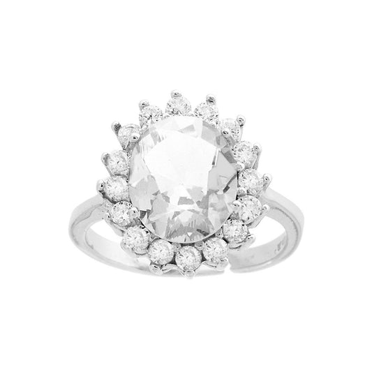 Anello Halo Solitario Ovale Bianco contornato da Zirconi Bianchi in ARGENTO 925 Galvanica Rodio