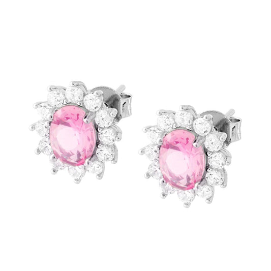 Orecchini Ovale Zircone Rosa contornato da Zirconi Bianchi in ARGENTO 925 Galvanica Rodio