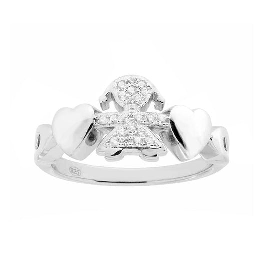 Anello Famiglia con Cuori e figlia Bimba Cubic Zirconia Bianchi in ARGENTO 925 Galvanica Rodio
