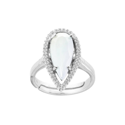 Anello Goccia con Pietra Bianca sfaccettata contornata con Zirconi Bianchi in ARGENTO 925 Galvanica Rodio