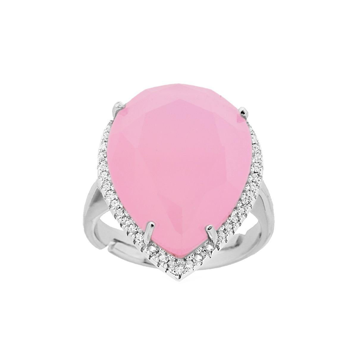 Anello Goccia con Pietra Rosa sfaccettata contornata con Zirconi Bianchi in ARGENTO 925 Galvanica Rodio