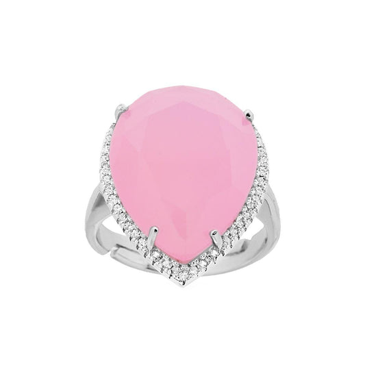 Anello Goccia con Pietra Rosa sfaccettata contornata con Zirconi Bianchi in ARGENTO 925 Galvanica Rodio