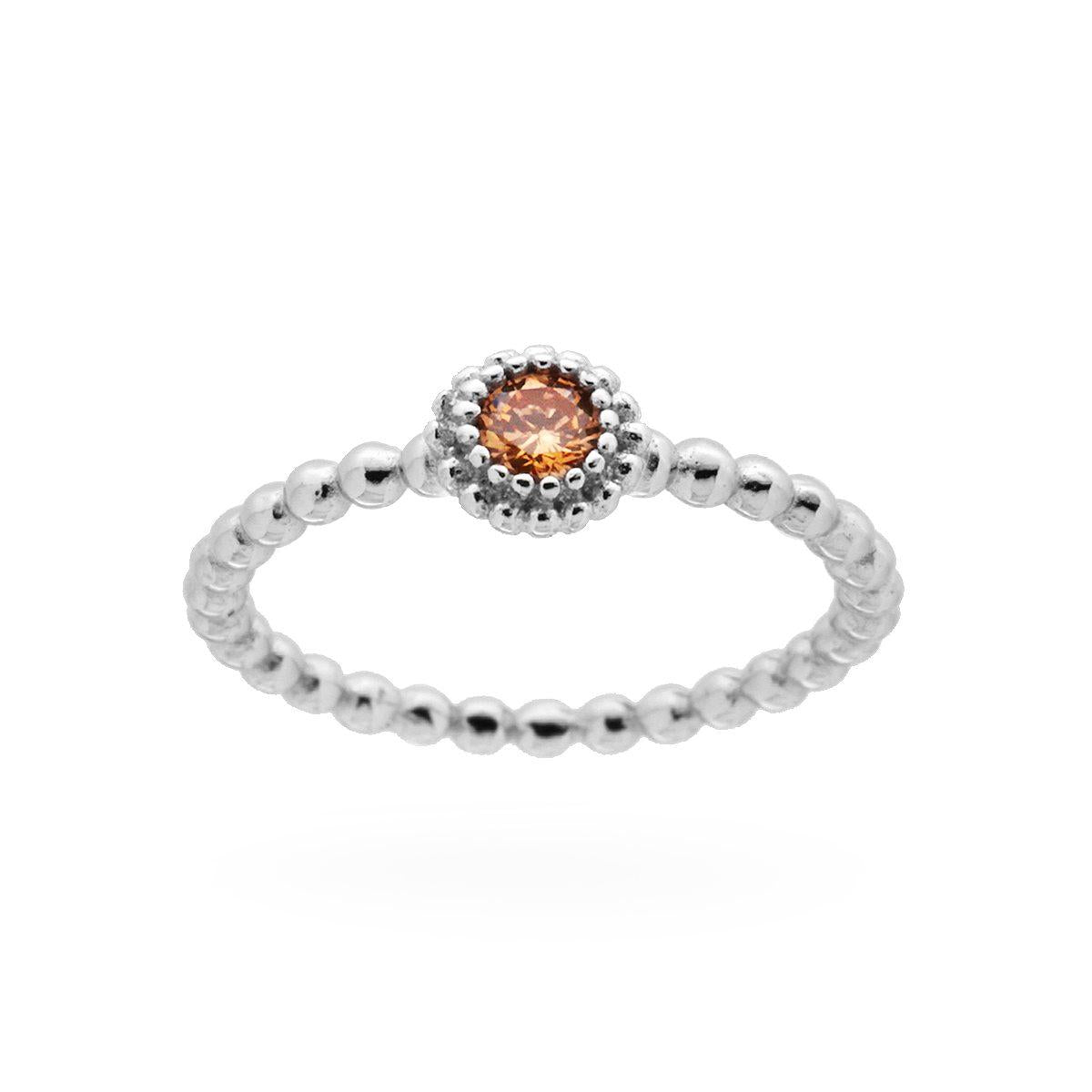 Anello Solitario con Gambo a Palline con Zircone Champagne in ARGENTO 925 Galvanica Rodio