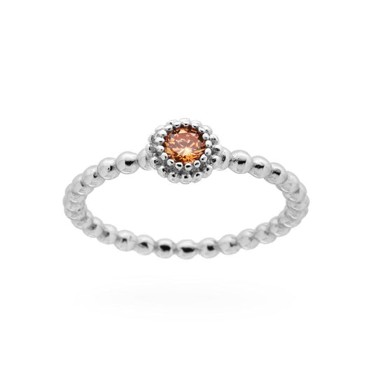 Anello Solitario con Gambo a Palline con Zircone Champagne in ARGENTO 925 Galvanica Rodio
