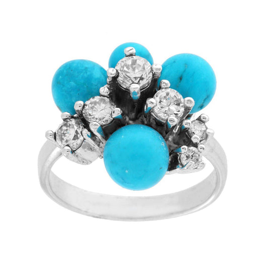 Anello Sfere pasta di Turchese con Zirconi Bianchi in ARGENTO 925 Galvanica Rodio