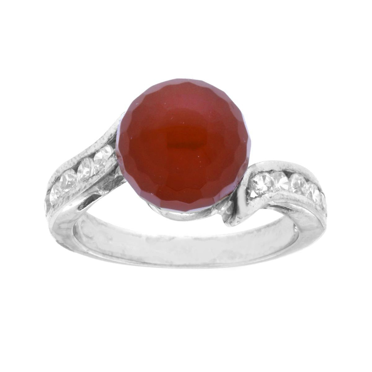 Anello con Pietra Corniola Sferica con Zirconi Bianchi in ARGENTO 925 Galvanica Rodio