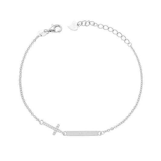 Bracciale Catena Forzatina Diamantata con Targa e Croce con Cubic Zirconia Bianchi in ARGENTO 925 Galvanica Rodio