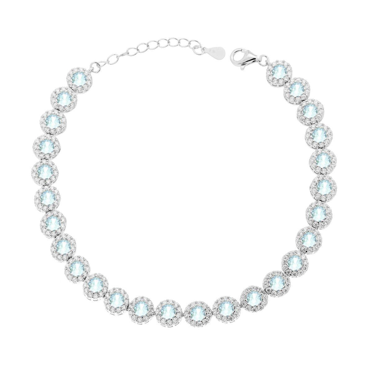 Bracciale Tennis Griffe cm 18+3 Fiore con Cubic Zirconia Acquamarina contornato da Cubic Zirconia Bianchi in ARGENTO 925 Galvanica Rodio