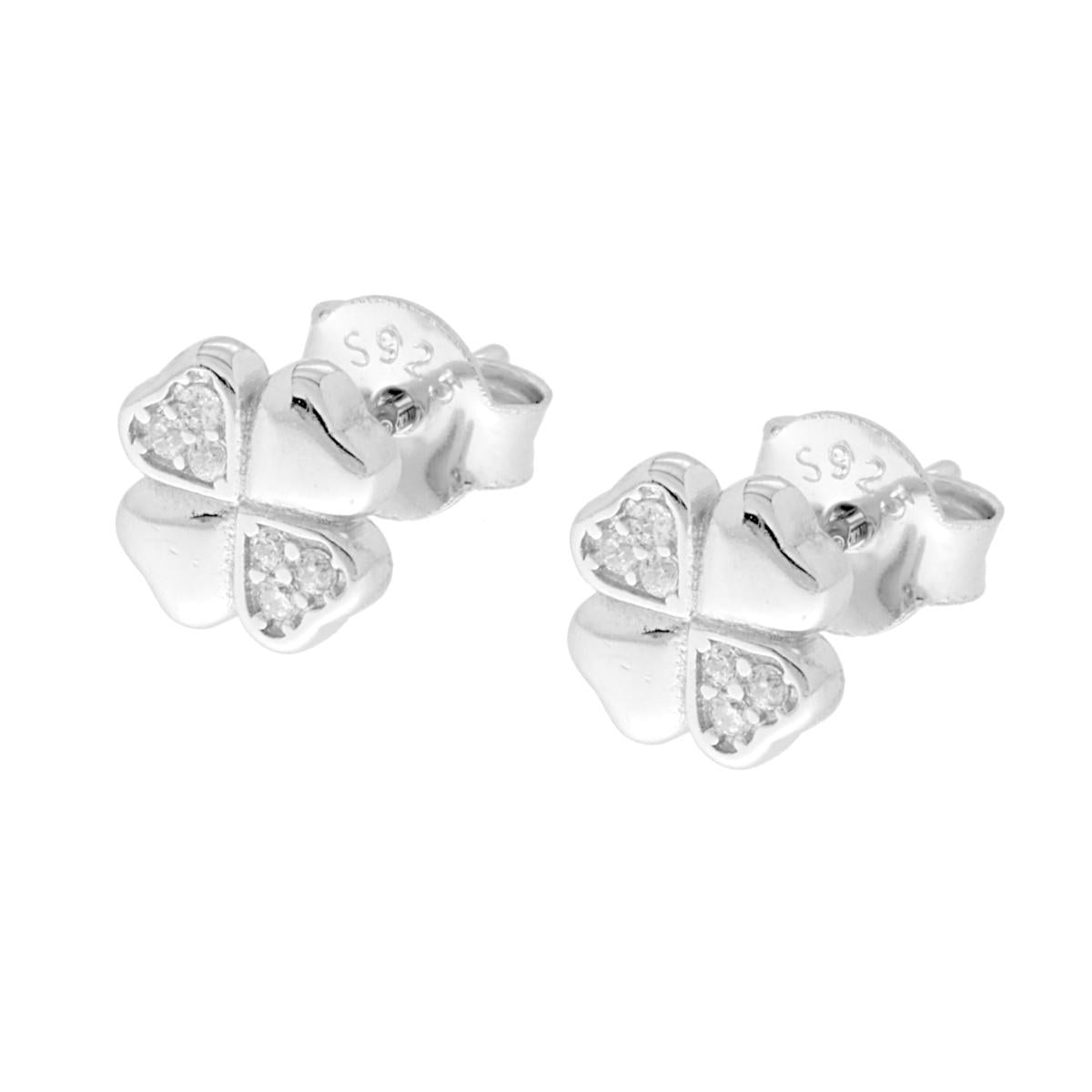Orecchini Quadrifoglio Cuori con Cubic Zirconia Bianchi in ARGENTO 925 Galvanica Rodio