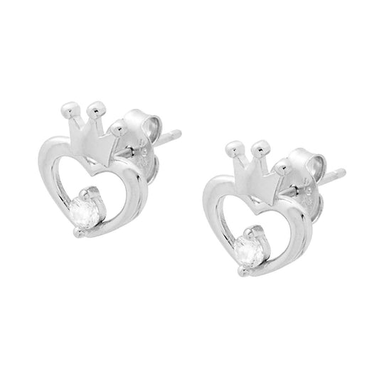 Orecchini Cuore con Corona e Cubic Zirconia Bianco in ARGENTO 925 Galvanica Rodio
