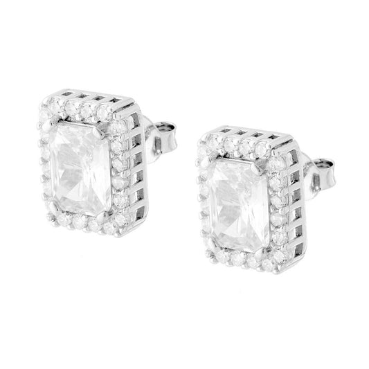 Orecchini Rettangolari con Cubic Zirconia Punto Luce contornato da Cubic Zirconia Bianchi in ARGENTO 925 Galvanica Rodio