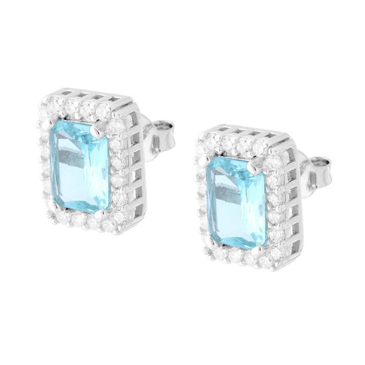 Orecchini Rettangolari con Cubic Zirconia Acquamarina contornato da Cubic Zirconia Bianchi in ARGENTO 925 Galvanica Rodio