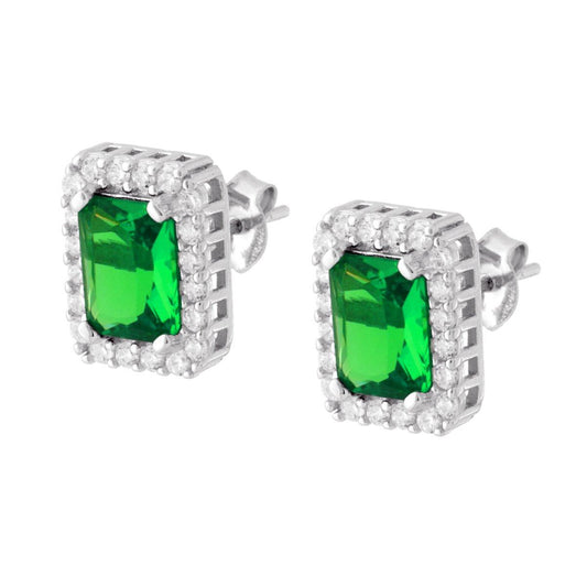Orecchini Rettangolari con Cubic Zirconia Verde Smeraldo contornato da Cubic Zirconia Bianchi in ARGENTO 925 Galvanica Rodio
