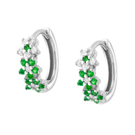 Orecchini Cerchio Fiori con Cubic Zirconia Verde Smeraldo e Bianchi in ARGENTO 925 Galvanica Rodio