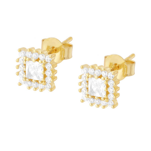 Orecchini Quadrato con Cubic Zirconia Bianchi in ARGENTO 925 Galvanica Oro