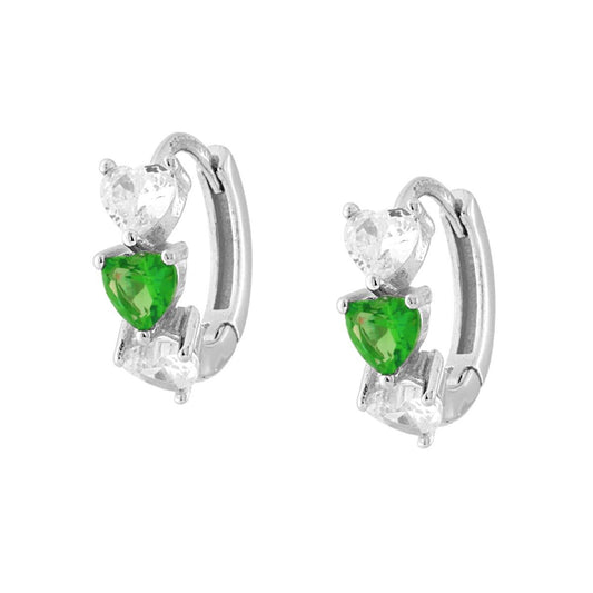 Orecchini Cerchio con Cubic Zirconia Verde Smeraldo e Bianco a Cuore in ARGENTO 925 Galvanica Rodio