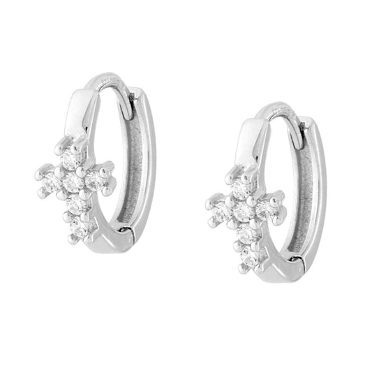 Orecchini Cerchio Croce con Cubic Zirconia Bianchi in ARGENTO 925 Galvanica Rodio