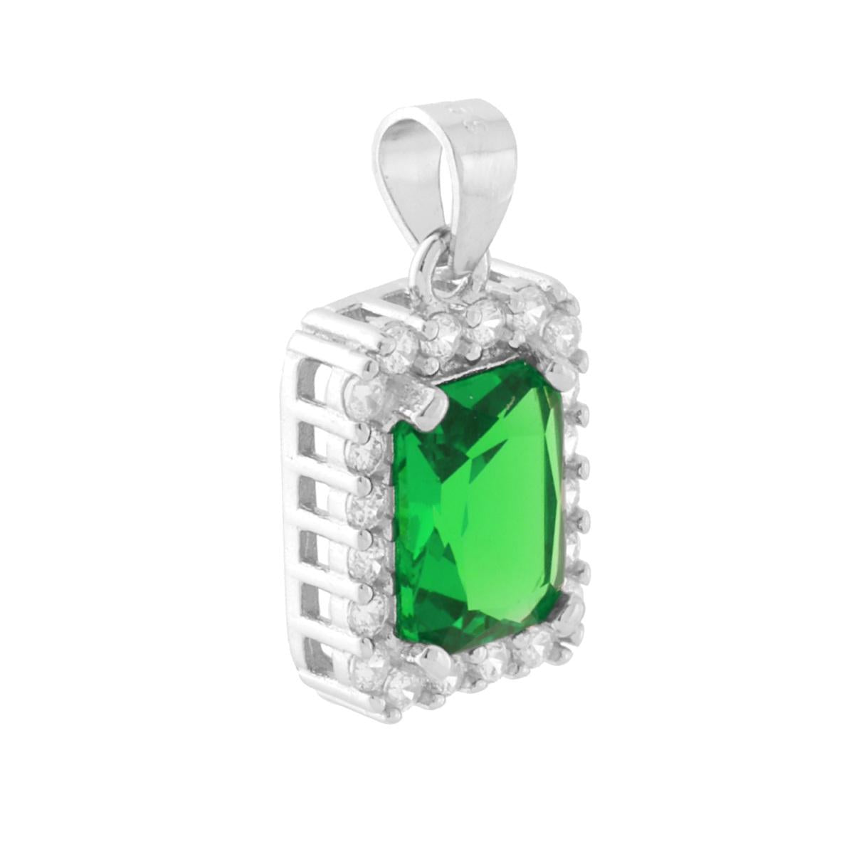 Ciondolo Rettangolare con Cubic Zirconia Verde Smeraldo contornato da Cubic Zirconia Bianchi in ARGENTO 925 Galvanica Rodio