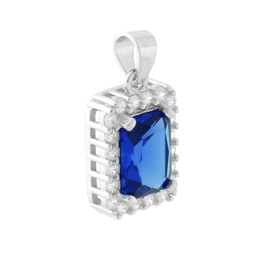 Ciondolo Rettangolare con Cubic Zirconia Blu Zaffiro contornato da Cubic Zirconia Bianchi in ARGENTO 925 Galvanica Rodio