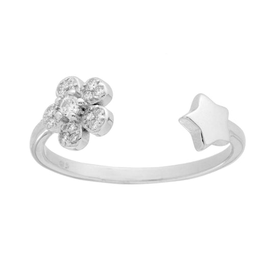 Anello Contrarie Fiore con Zirconi Bianchi e Stella plain in ARGENTO 925 Galvanica Rodio