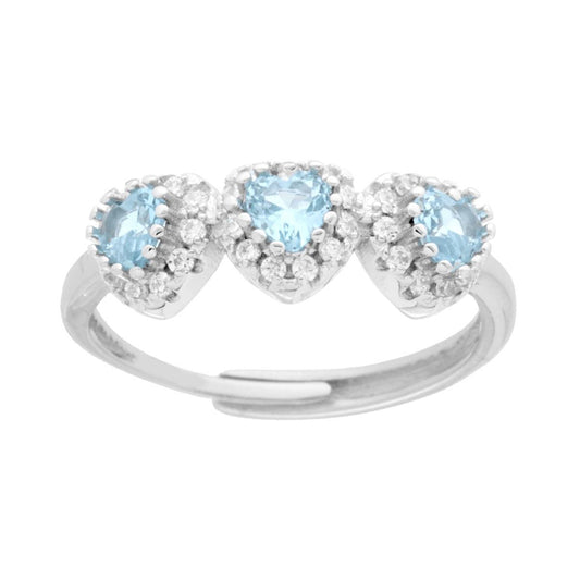Anello Trilogy Cuori Zirconi Acquamarina contornati da Zirconi Bianchi in ARGENTO 925 Galvanica Rodio