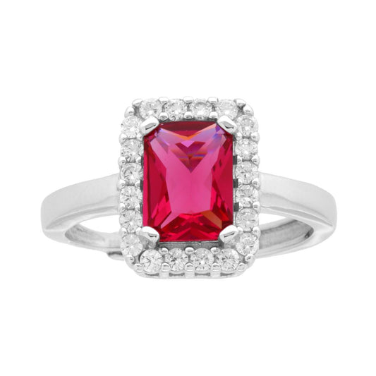 Anello Halo Solitario Rettangolare Zircone Rosso Rubino contornato da Zirconi Bianchi in ARGENTO 925 Galvanica Rodio