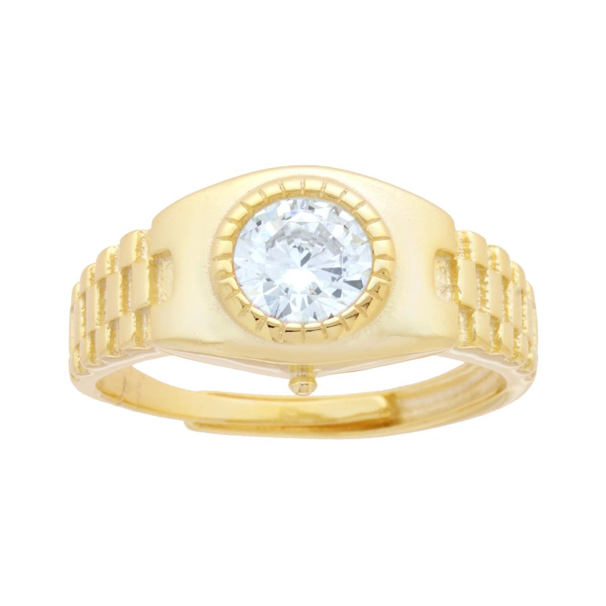 Anello Solitario Uomo modello ghiera Orologio con Zircone Bianco in ARGENTO 925 Galvanica Oro