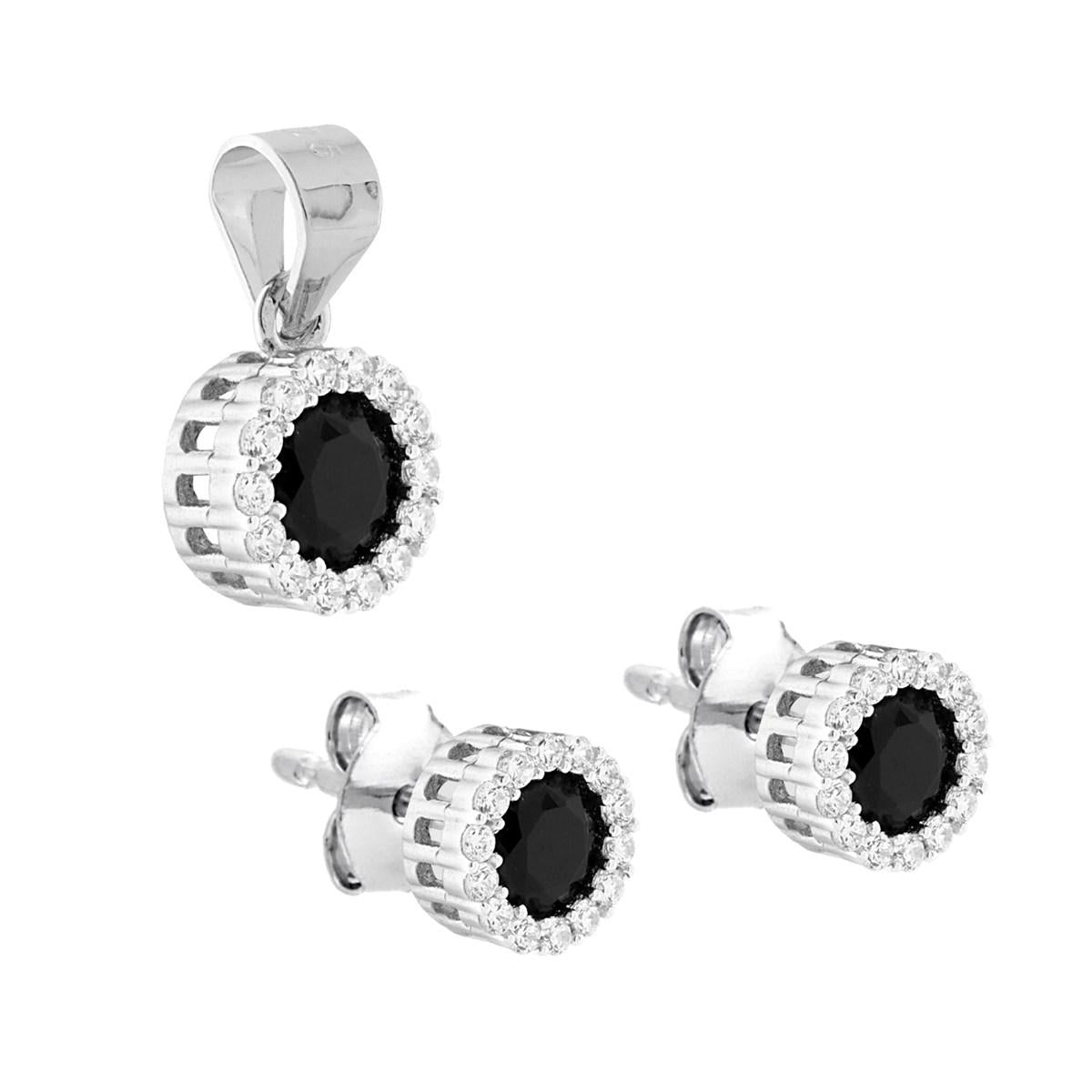 Parure Set Orecchini e Ciondolo Tondo Cubic Zirconia Nero contornato da Cubic Zirconia Bianchi in ARGENTO 925 Galvanica Rodio