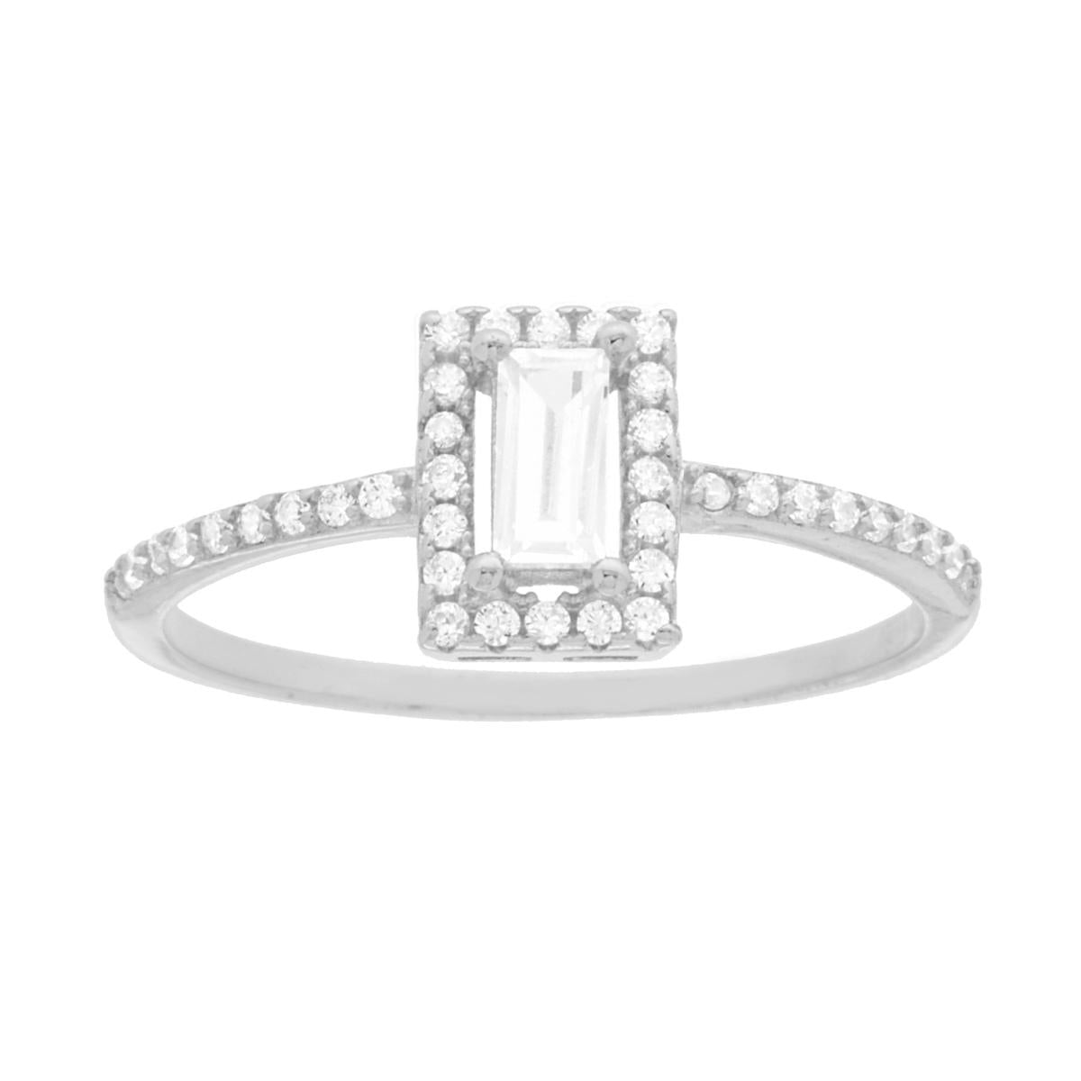 Anello Solitario con Cubic Zirconia Bianco Rettangolare in ARGENTO 925 Galvanica Rodio