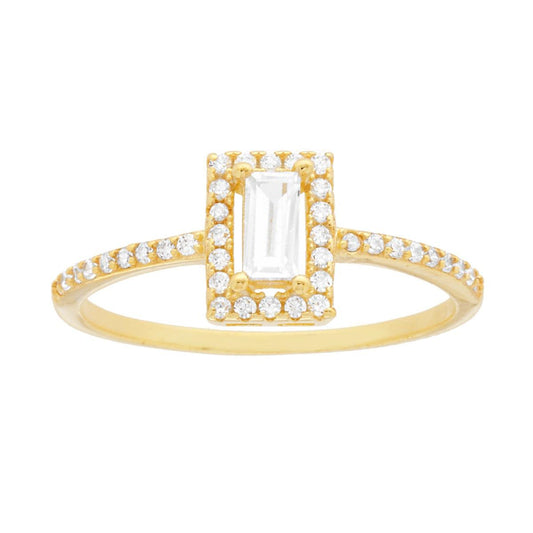 Anello Solitario con Cubic Zirconia Bianco Rettangolare in ARGENTO 925 Galvanica Oro