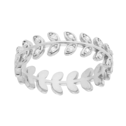 Anello Foglie modello Corona Alloro per Laurea con Cubic Zirconia Bianchi in ARGENTO 925 Galvanica Rodio