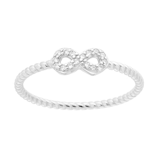 Anello Infinito con Cubic Zirconia Bianchi e gambo intrecciato in ARGENTO 925 Galvanica Rodio