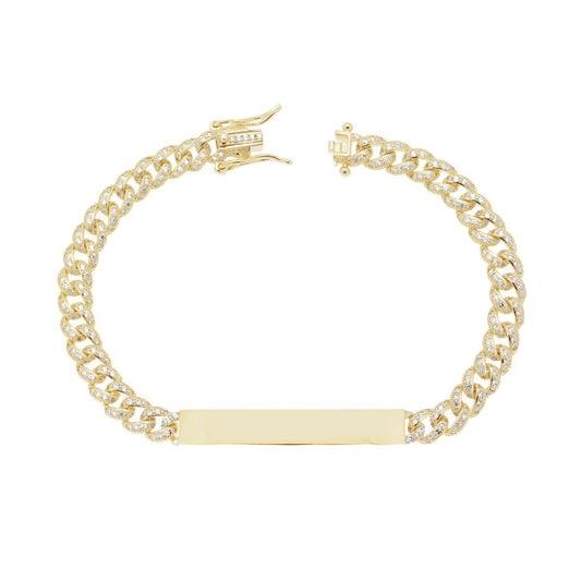 Bracciale Targa con Catena Grumetta con Cubic Zirconia Bianchi in ARGENTO 925 Galvanica Oro