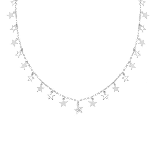 Collana Catena Forzatina Diamantata con Stelle pendenti plain e Cubic Zirconia Bianchi in ARGENTO 925 Galvanica Rodio
