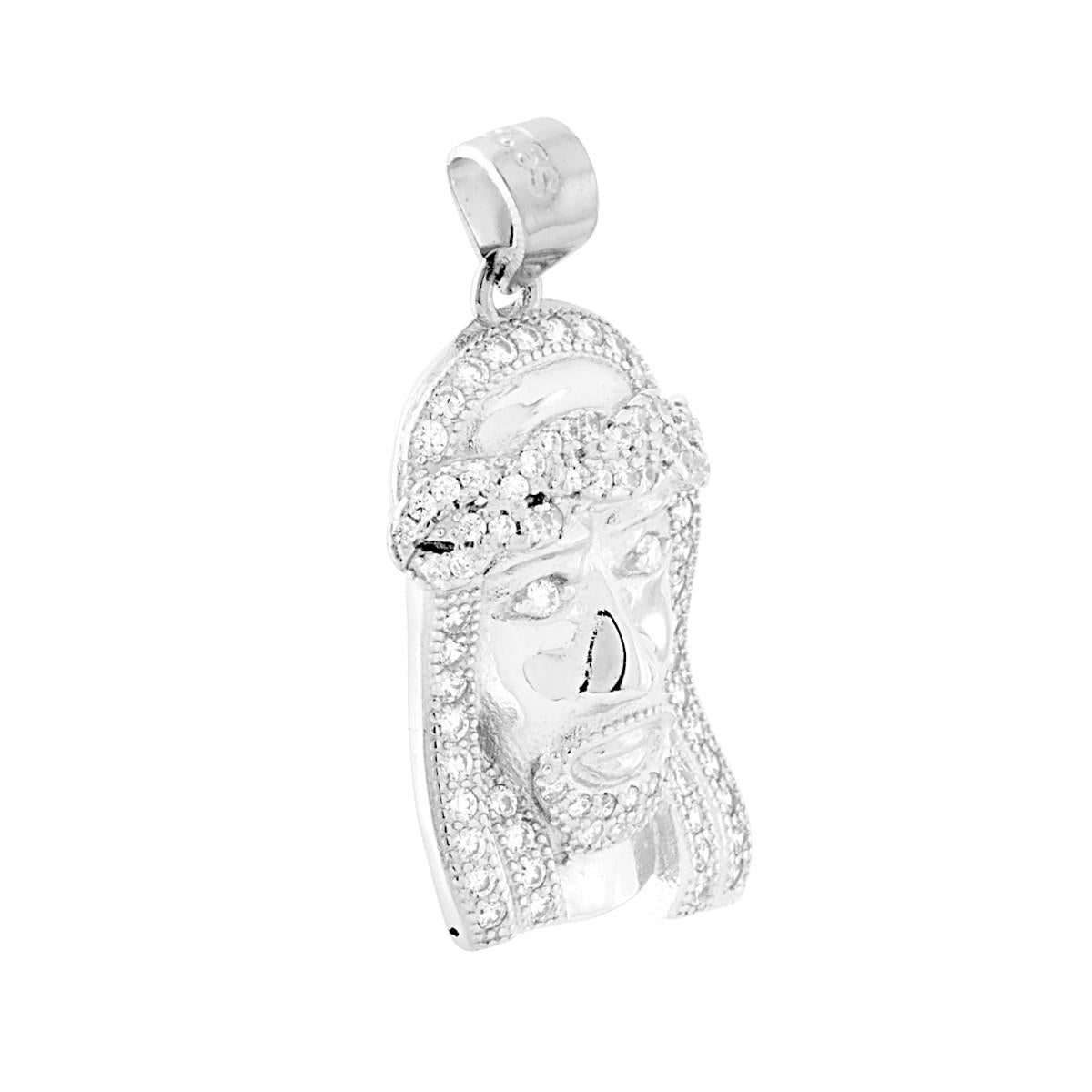 Ciondolo Volto di Cristo con Cubic Zirconia Bianchi in ARGENTO 925 Galvanica Rodio