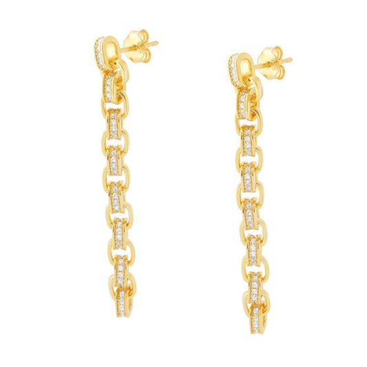 Orecchini Lunghi Catena Forzatina Rettangolare con Cubic Zirconia Bianchi in ARGENTO 925 Galvanica Oro